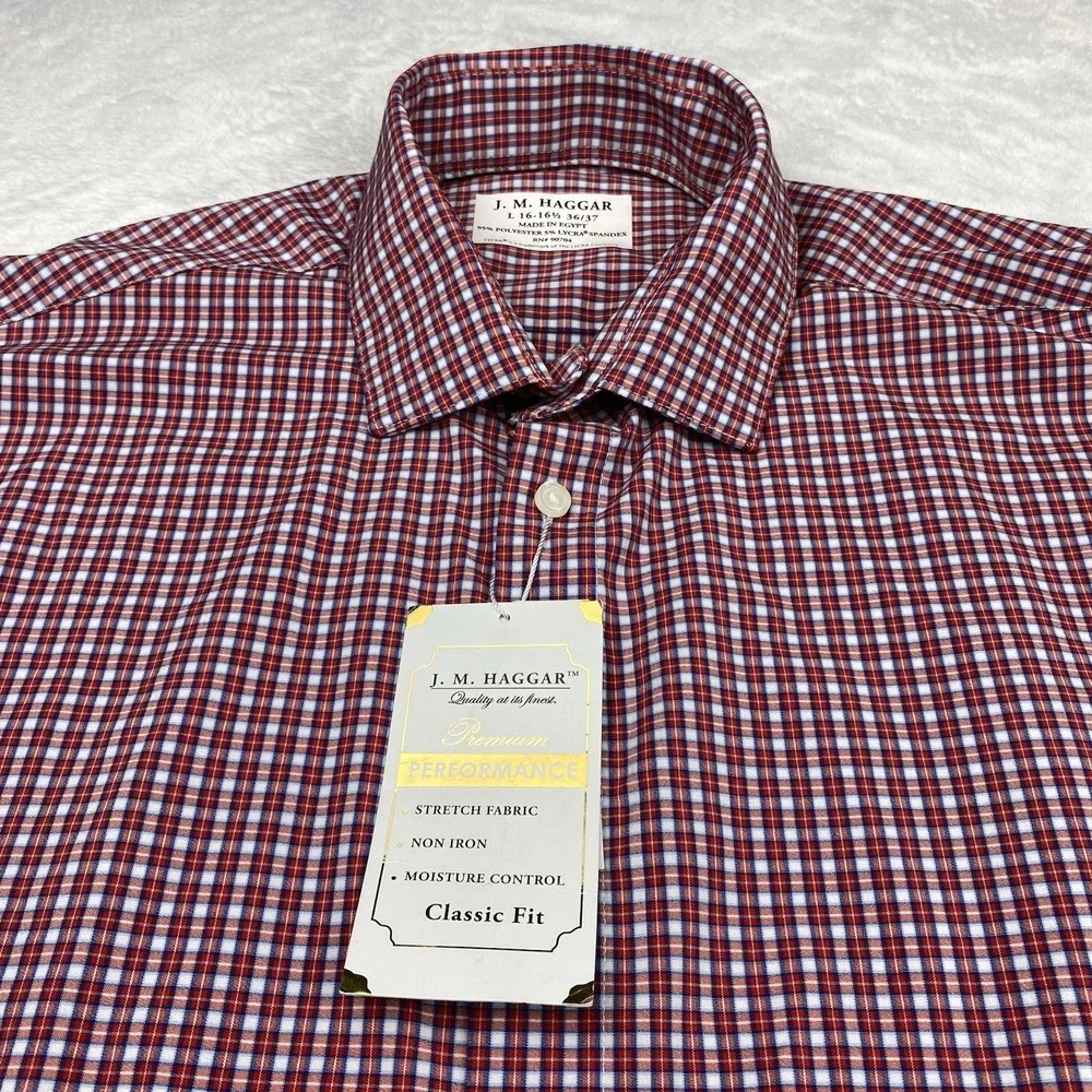 J. M. Haggar Premium Performance Shirt Mens 16.5-36/37 Red Checks No Iron NWT!